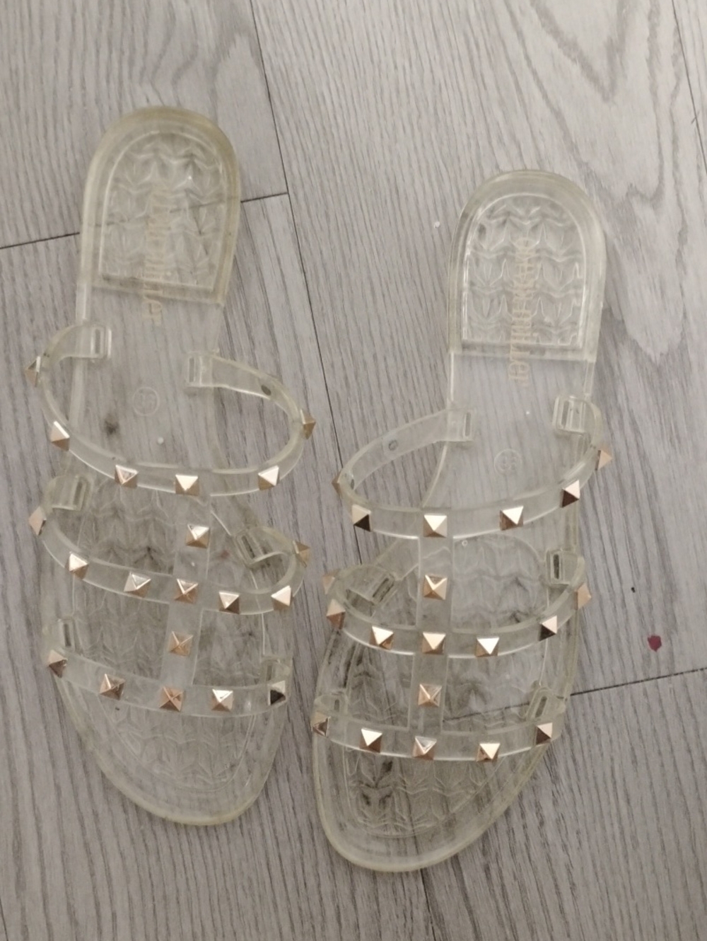 Olivia Miller Clear Jelly Slide Sandals with Gold Studs - Women